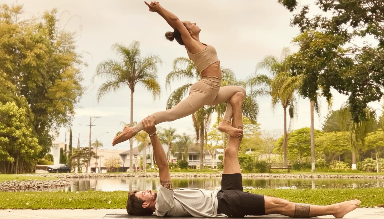 Gi Borba praticando Acroyoga — yoga em dupla com leveza e conexão